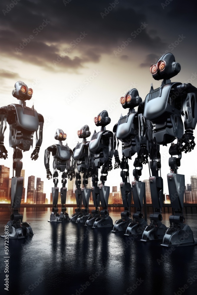 Poster Sophisticated robots stand are arranged in a row, backdrop of a glittering city. Generative AI