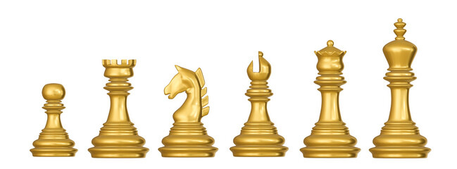 Set of 3d Gold luxury chess pieces. Chess piece icons. Board game. © Marsilea.pw