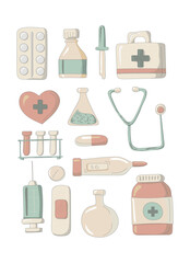 Fototapeta na wymiar Collection of medical tools isolated on white background. All items are separated. Vector illustration