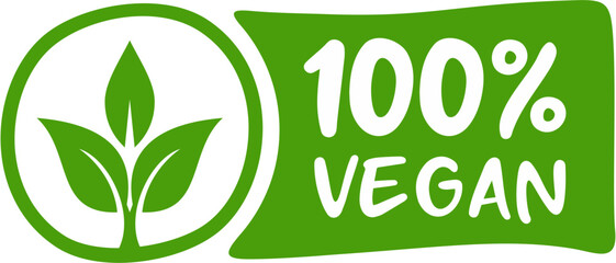 100 percent vegan logo vector icon. Vegetarian organic food label badge with leaf. Green natural vegan symbol. 100 percent vegan Label Isolated Transparent Background