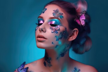 Obraz premium Sensual woman with body art and colored butterflies. Generative AI