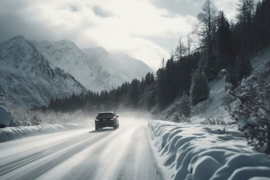 A vehicle speeding on a snowy road with mountains in the background during winter. Generative AI
