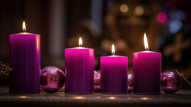 Advent Candles In Church - Three Purple And One Pink As A Catholic Symbol, generative ai