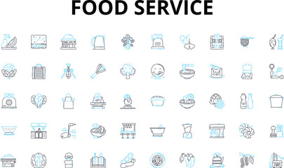 Food service linear icons set. Catering, Delivery, Restaurant, Takeout, Buffet, Kitchen, Chef vector symbols and line concept signs. Hospitality,Banquet,Drive-thru illustration