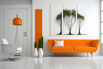 Salon intérieur au mur blanc a un canapé en cuir orange et une décoration minimale. Ai générative