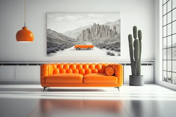Salon intérieur au mur blanc a un canapé en cuir orange et une décoration minimale. Ai générative