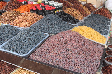 Raisins and dried fruit on the local market in Kokand Uzvekistan