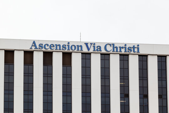 Wichita, Kansas, USA - March 22, 2022: Ascension Via Christi hospital sign on the building in Wichita, Kansas, USA.