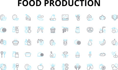 Food production linear icons set. Harvest, Cultivate, Farming, Agriculture, Irrigation, Fertilizer, Crop vector symbols and line concept signs. Livestock,Sustainability,Organic illustration