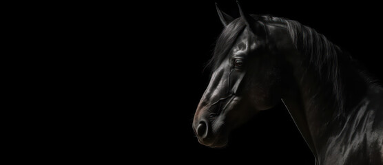Fototapeta na wymiar The head of a horse in profile close-up. Panoramic image of the head of a black thoroughbred Arabian horse on the background of a black isolated banner. Generative AI.