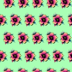 Fotobehang Tropische Bladeren Colored vector seamless half-drop pattern, with inked style flowers  © eLifeS