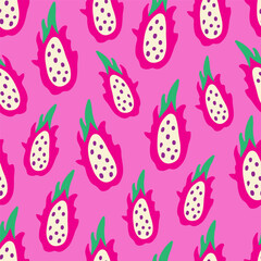 Dragon fruit vector seamless pattern. Tropical doodle background with hand drawn exotic plant. Slice of pitaya wallpaper, textile, wrapping paper print design