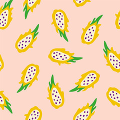 Dragon fruit vector seamless pattern. Tropical doodle background with hand drawn exotic plant. Slice of pitaya for wallpaper, textile, wrapping paper, print design