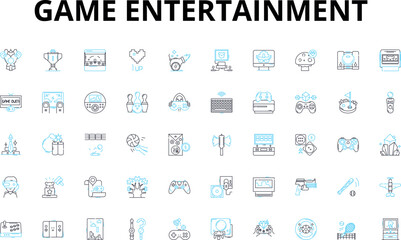 Fototapeta na wymiar Game entertainment linear icons set. Strategy, Adventure, Fun, Challenge, Fantasy, Excitement, Action vector symbols and line concept signs. Thrill,Multiplayer,Immersive illustration