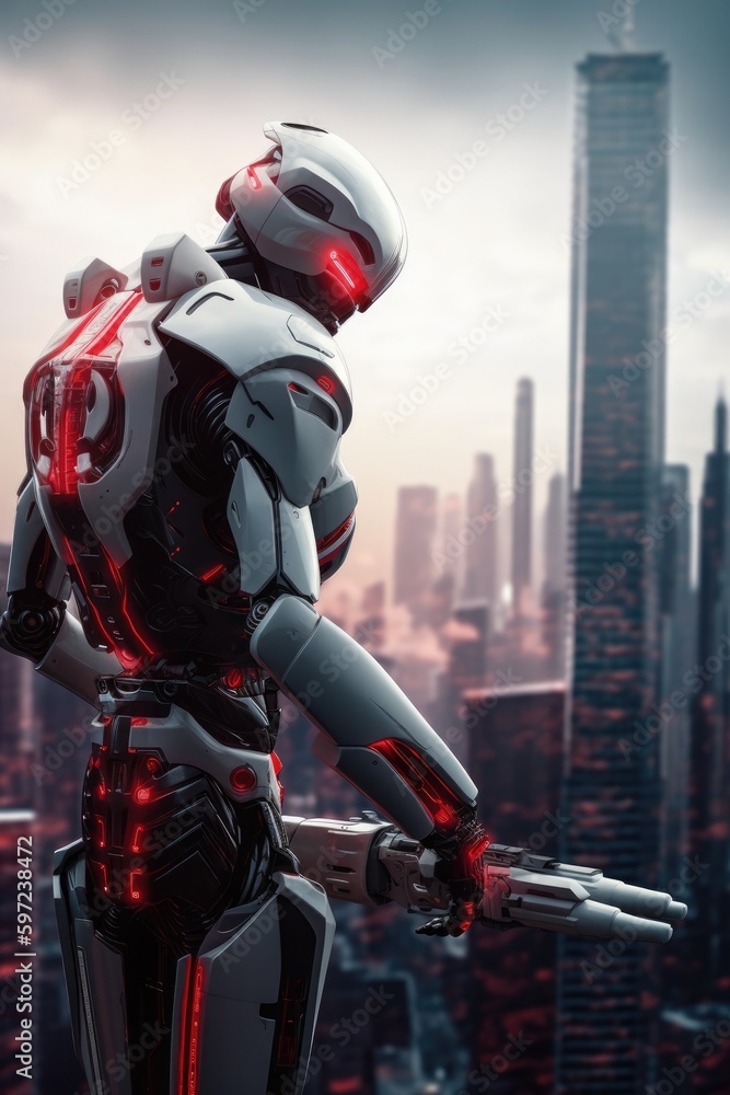 Poster robot with a glowing red visor in cityscape, generative ai
