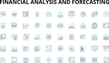 Financial analysis and forecasting linear icons set. Risk, Revenue, Budget, Investment, Cashflow, Growth, Forecasting vector symbols and line concept signs. Analysis,Break-even,Profitability