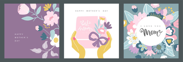 Set of greeting cards for Mother's Day with beautiful flowers and a gift box.Calligraphic lettering.Vector illustration