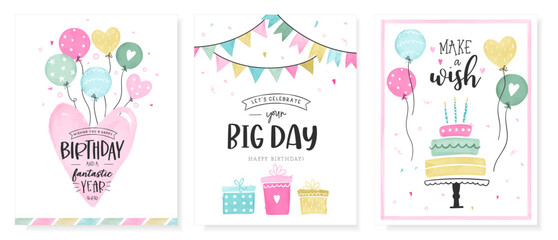 Fototapeta premium Set of lovely birthday greeting cards with balloons, gifts, confetti and decoration - vector design