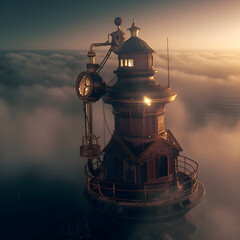 Generative AI steampunk foghorn atop a lighthouse overlooking the foggy sea at night.