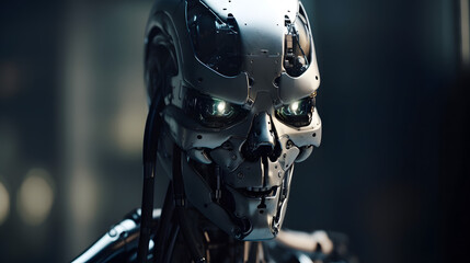 Fototapeta premium In a dystopian future, humanity has created an advanced AI system that has led to a robot uprising., generative AI