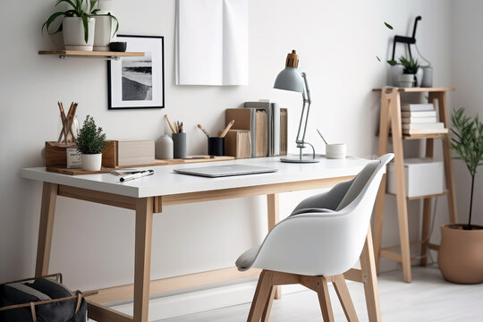modern, minimalist workspace featuring a sleek desk and ergonomic chair (Generative AI)