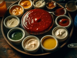 Obraz na płótnie Canvas A shot of a lazy susan with different condiments and sauces arranged in a circular pattern