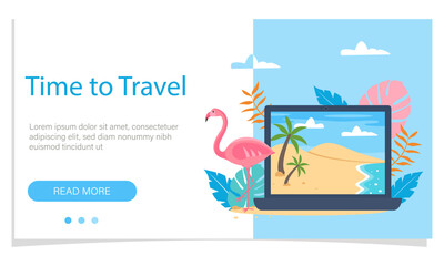 Naklejka premium Time to travel vector banner design. Time to travel text with elements such as laptop with beach landscape, flamingo and tropical leaves on blue background. Vector illustration