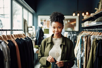 Black small business woman owner in clothing retail store. Generative AI.