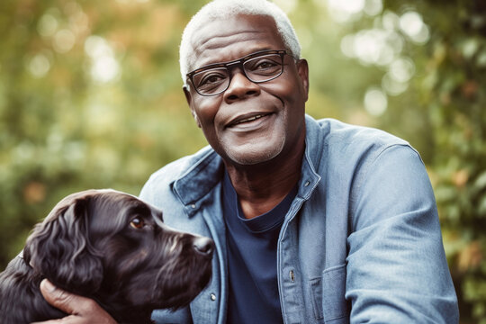 Black senior man with pet dog in backyard. Generative AI.