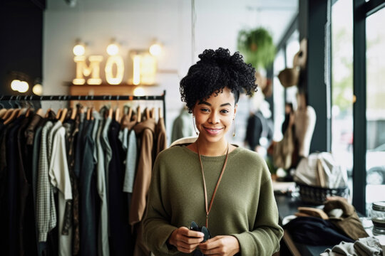 Portrait of Black small business woman owner in clothing retail store. Generative AI.
