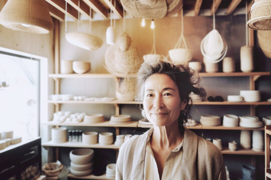 Portrait of Japanese small business woman owner in home goods retail store. Generative AI.