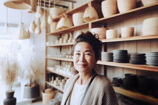 Portrait of Japanese small business woman owner in home goods retail store. Generative AI.