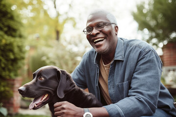 Happy Black senior man laughing with pet dog in backyard. Generative AI.