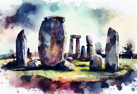 An ancient stone circle or megalithic site, representing the reverence for the sacred in ancient cultures, watercolor style Generative AI