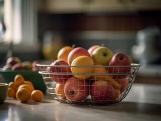 A picture of a wire basket filled with fresh fruits and vegetables, such as apples, oranges, and potatoes