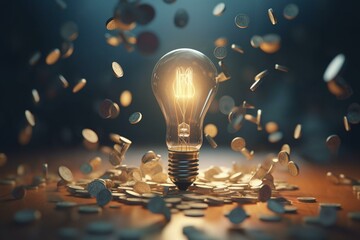 3D light bulb with flying coins illustration. Generative AI