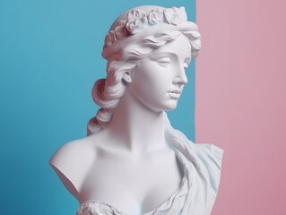 Gypsum ancient statue of Venus de Milo in pastel tone on pastel background. Plaster sculpture of a woman's face. Love, beauty, feminism. Y2K Modern Art Style. Generative Ai.