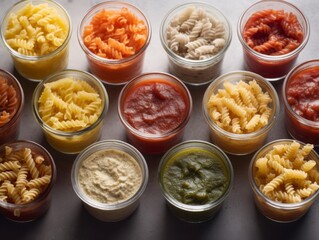 A photo of a vertical shelf organizer with different pasta shapes and sauces arranged by type