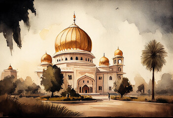 Fototapeta premium A tranquil scene of a Sikh gurdwara with its iconic golden dome, representing the principles of equality, service, and community in Sikhism, watercolor style Generative AI