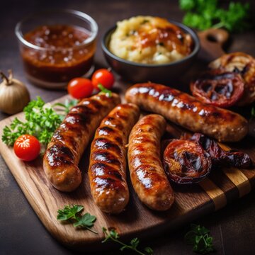 Grilled Sausages on wooden board. Grilled sausages with vegetables. Sausages close-up shot. Barbeque sausages.