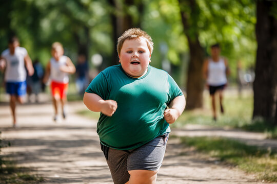 overweight boy jogging in a Park, AI generated