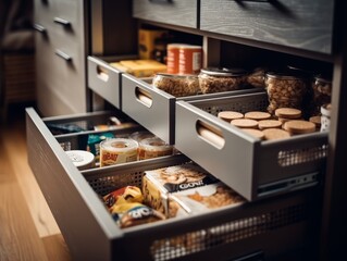A shot of a pull-out pantry drawer with neatly stacked snacks and crackers