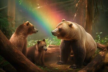 Bear mom protecting her babies in a magical forest with a rainbow. Protection and maternal instinct. Ursus arctos species. AI-generated.