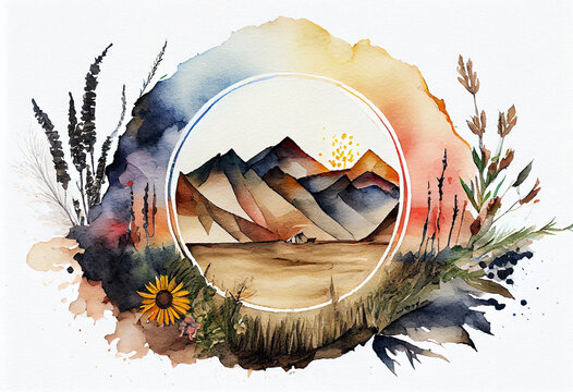 A Serene Mountain Landscape With A Native American Medicine Wheel, Symbolizing The Spiritual Connection To The Land And The Wisdom Of Indigenous Traditions, Watercolor Style Generative AI