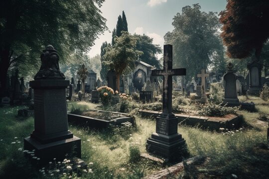 Cemetery with gravestones and monuments. Generative AI