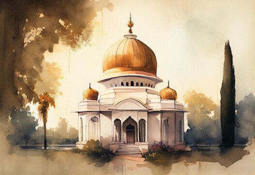 A tranquil scene of a Sikh gurdwara with its iconic golden dome, representing the principles of equality, service, and community in Sikhism, watercolor style Generative AI