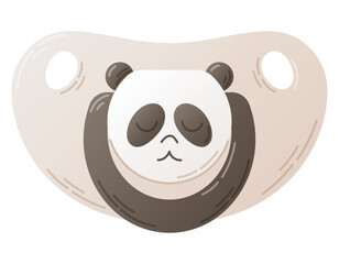Baby cute flat pacifier with sleeping panda illustration. Vector isolated cartoon baby design element.