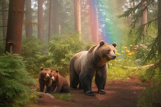 Mama bear protects her cubs in a magical forest with rainbow bridge. Various concepts and emotions: maternal instincts and natural beauty to danger and hope for environment conservation. AI-generated.
