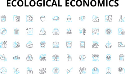 Ecological economics linear icons set. Sustainability, Environment, Economy, Resources, Climate, Systems, Policy vector symbols and line concept signs. Conservation,Ecosystems,Degrowth Generative AI