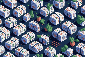 Seamless repeatable pattern of sushi variations on blue background. Created with generative AI.